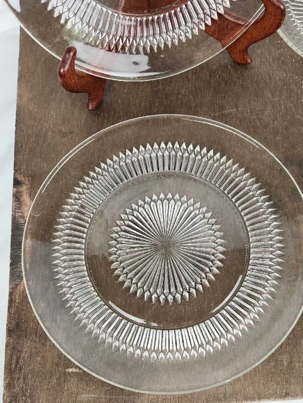 Vintage Pressed Glass Serving Plates Set of 4 Starburst Cut Rear Impressions